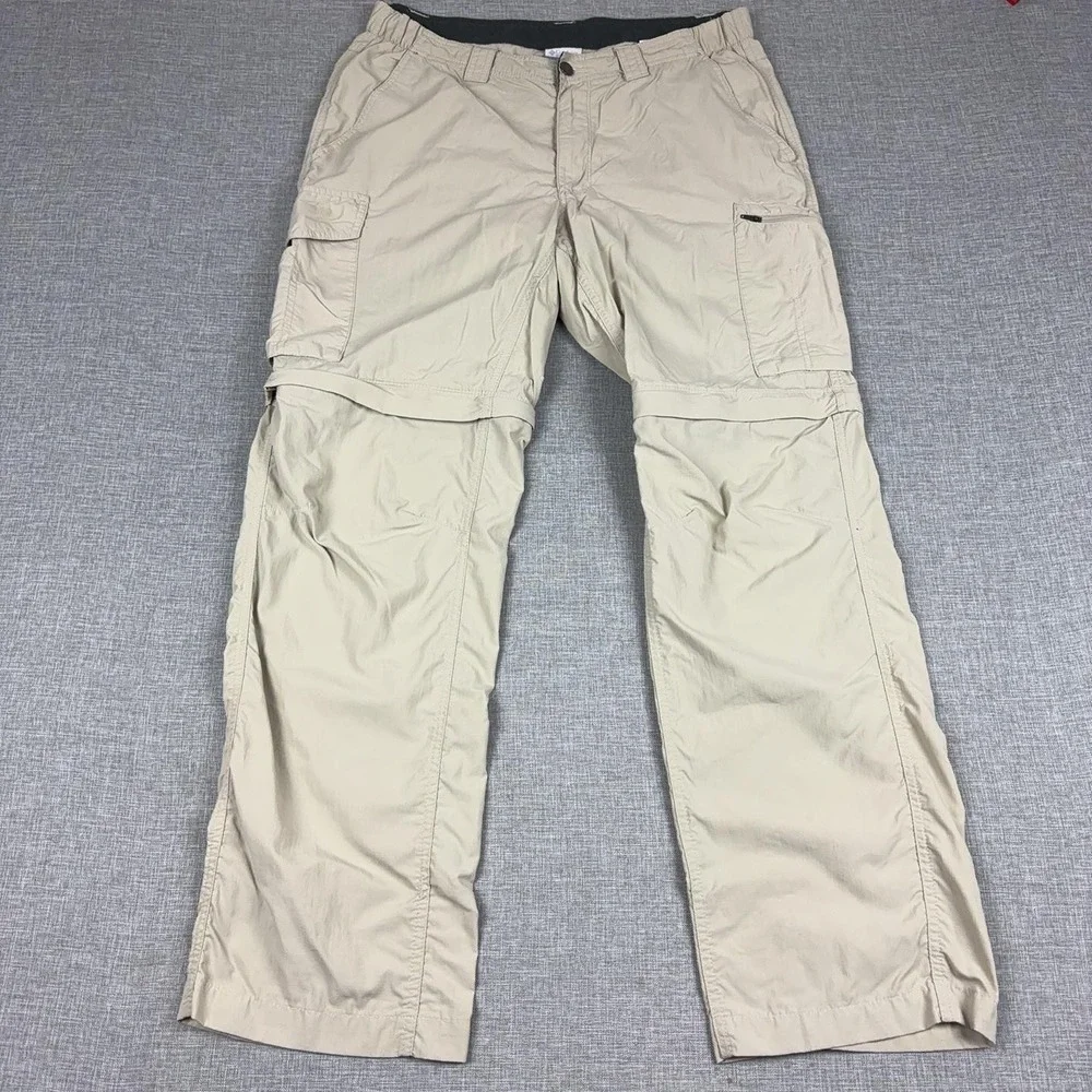 Columbia Omni-Shade Pants Mens 36x32 Beige Convertible Zip Off Hiking Nylon